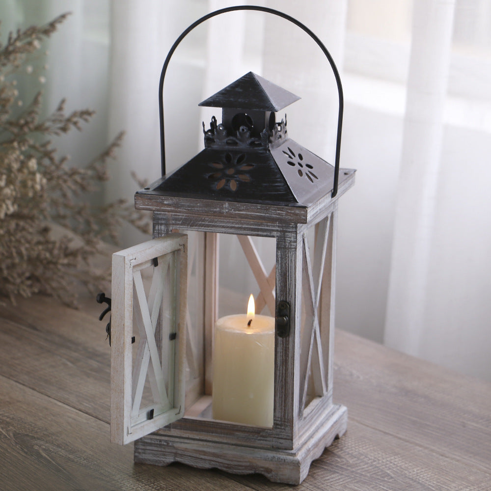 Rustic Distressed Wood Glass-Paneled Decorative Candle Lantern with Metal Top and Carry Handle Acalora