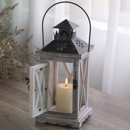 Rustic Distressed Wood Glass-Paneled Decorative Candle Lantern with Metal Top and Carry Handle Acalora