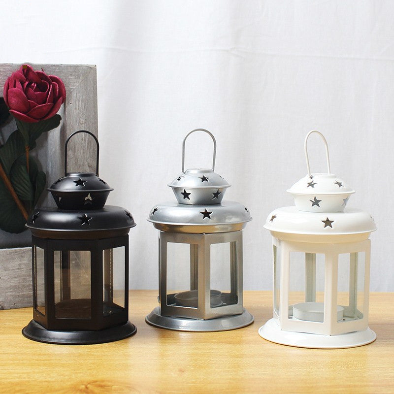 Mini Hexagonal Glass-Panelled Party Tealight Lantern with Star Venting and Carry Handle Acalora