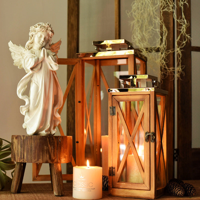 Handcrafted Cross-Frame Glass Lantern Candle Case with Hinged Door Acalora