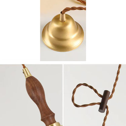 Skanto | Traditional Vintage Brass Cord Walnut Wood Glass Flower Curved 1-Light Pendant Lamp for Dining Room
