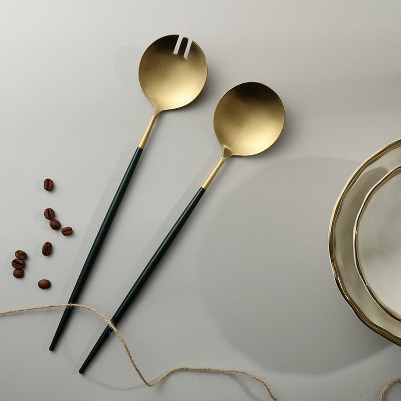 Brehn | Black and Golden Salad Servers and Serving Utensils Set