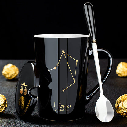 BowLift | 12 Zodiac Signs Black Ceramic Mug with Lid Spoon