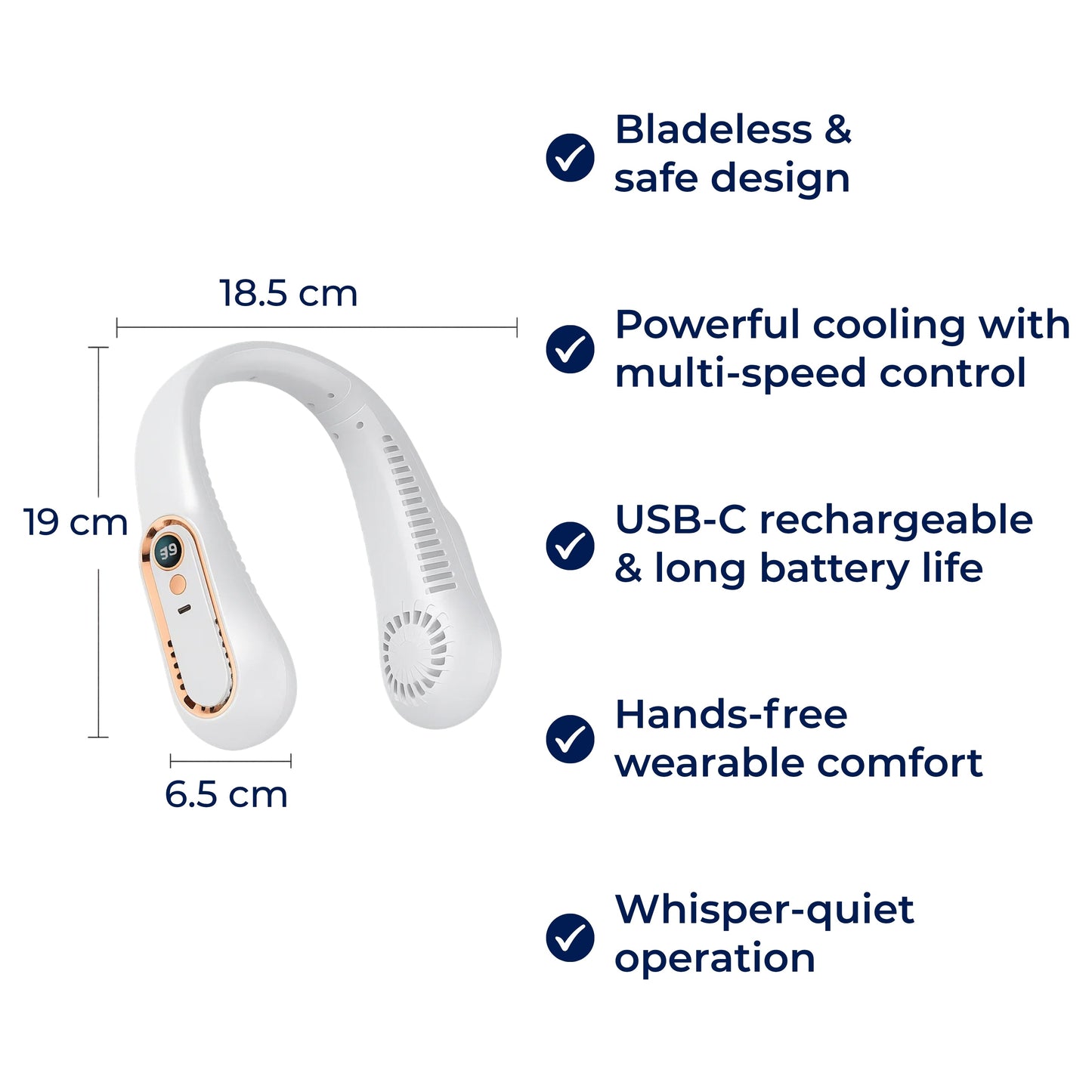 CoolEase | Portable Neck Fan – Bladeless Hands-Free Cooling – Five Speeds USB-C – Travel Office Shuttle Karnz