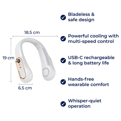 CoolEase | Portable Neck Fan – Bladeless Hands-Free Cooling – Five Speeds USB-C – Travel Office Shuttle Karnz