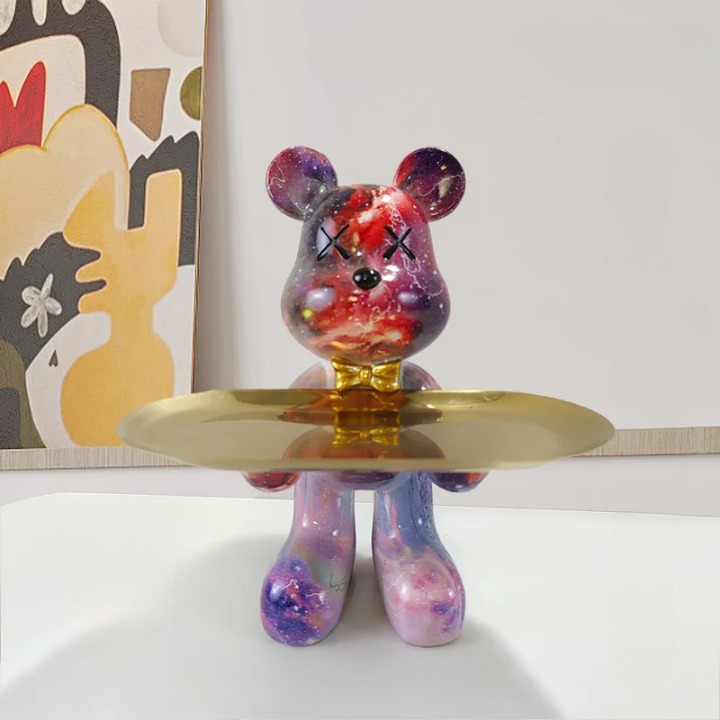 Bear Figurine with Serving Tray, Modern Decorative Figure for Living Room and Hallway