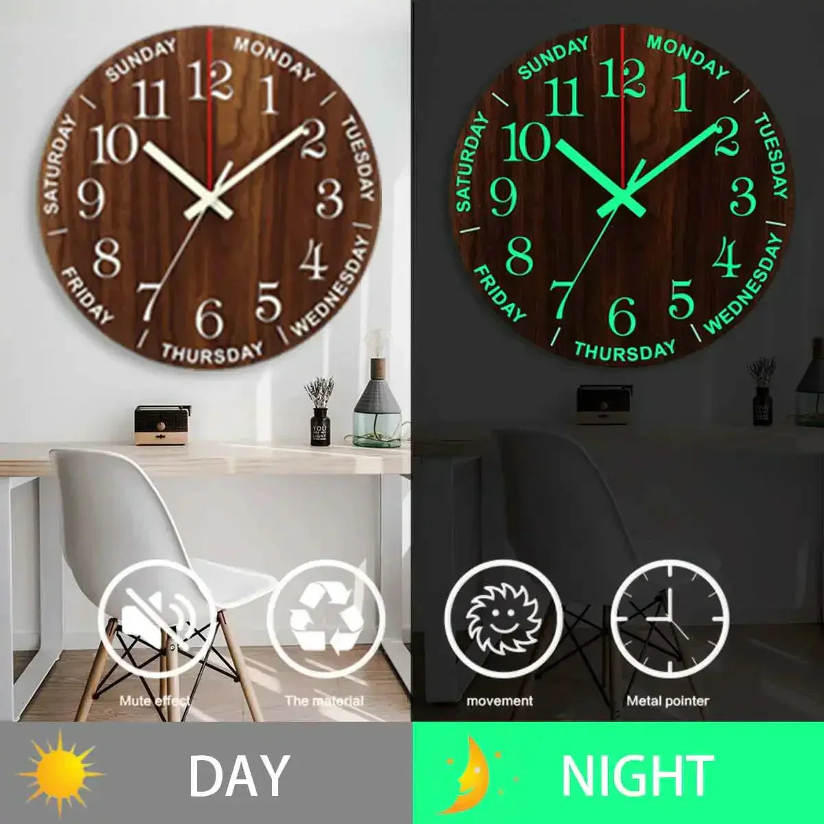 Skanto | Glowtic Luminous Wall Clock | Wood Design | Silent | Night Light | Nordic Style | Gift Ideas