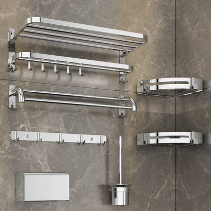Contemporary bathroom accessory set made of chrome-plated stainless steel with bathrobe hook/towel bar