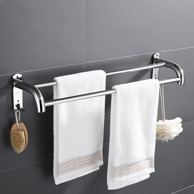 Contemporary bathroom accessory set made of chrome-plated stainless steel with bathrobe hook/towel bar