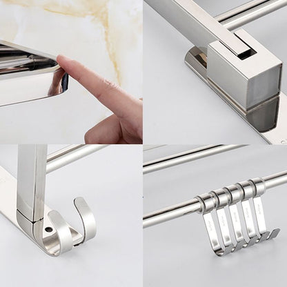 Contemporary bathroom accessory set made of chrome-plated stainless steel with bathrobe hook/towel bar