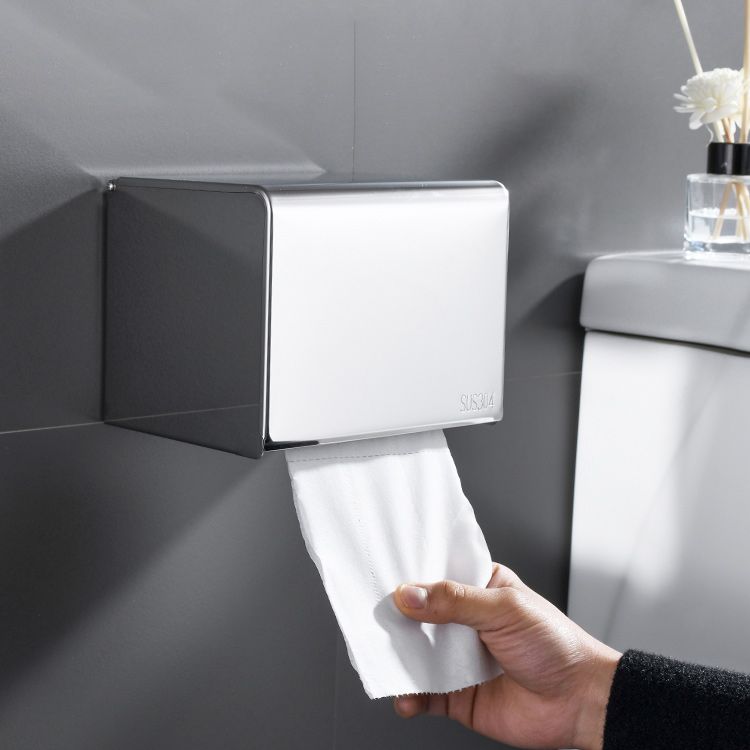 Contemporary bathroom accessory set made of chrome-plated stainless steel with bathrobe hook/towel bar