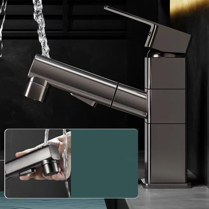 Bathroom vanity faucet with swivel spout, single-handle mixer with pull-out spray head