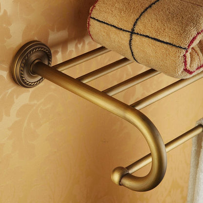 BowLift | Worn Brass Traditional Bathroom Set with Bath Shelf/Paper Holder & Towel Bar