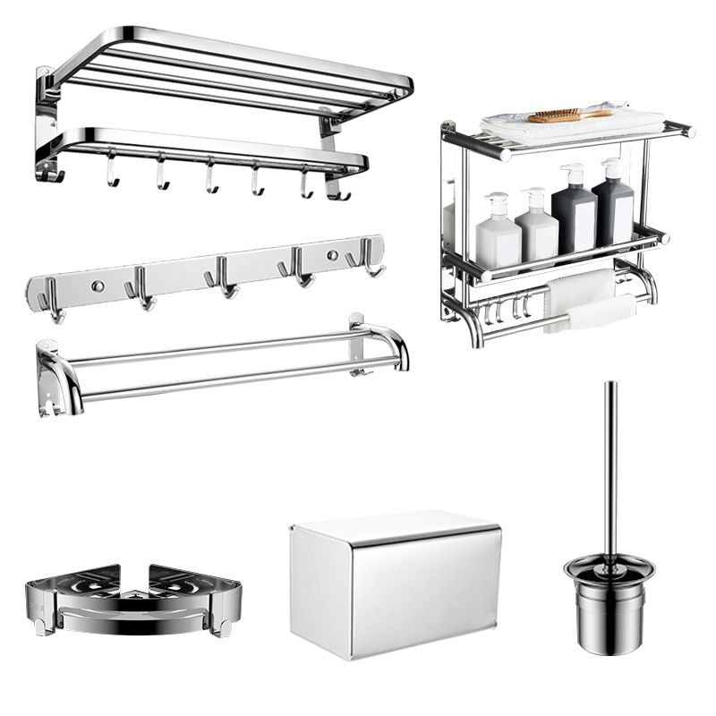 Contemporary bathroom accessory set made of chrome-plated stainless steel with bathrobe hook/towel bar