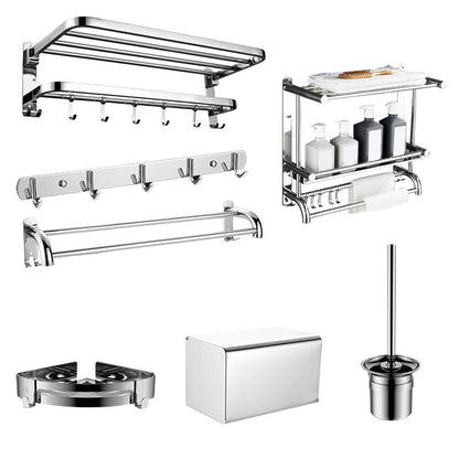 Contemporary bathroom accessory set made of chrome-plated stainless steel with bathrobe hook/towel bar