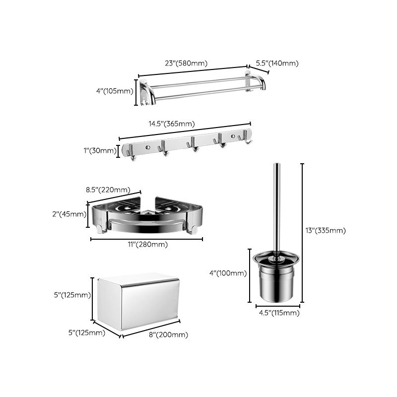 Contemporary bathroom accessory set made of chrome-plated stainless steel with bathrobe hook/towel bar