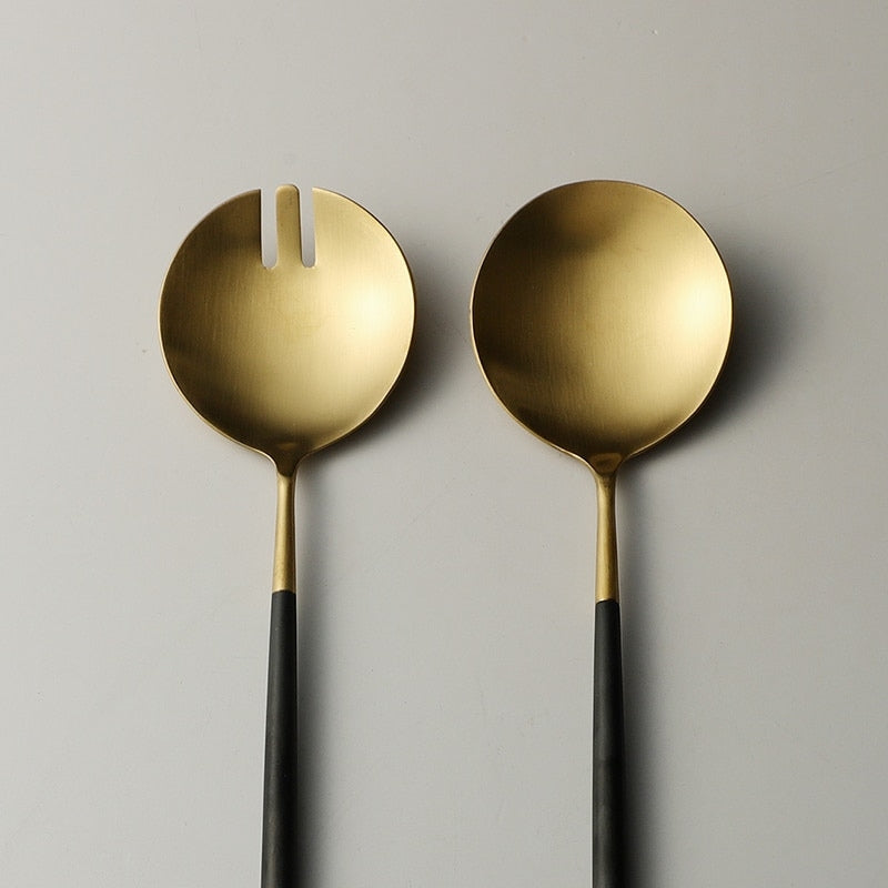 Brehn | Black and Golden Salad Servers and Serving Utensils Set