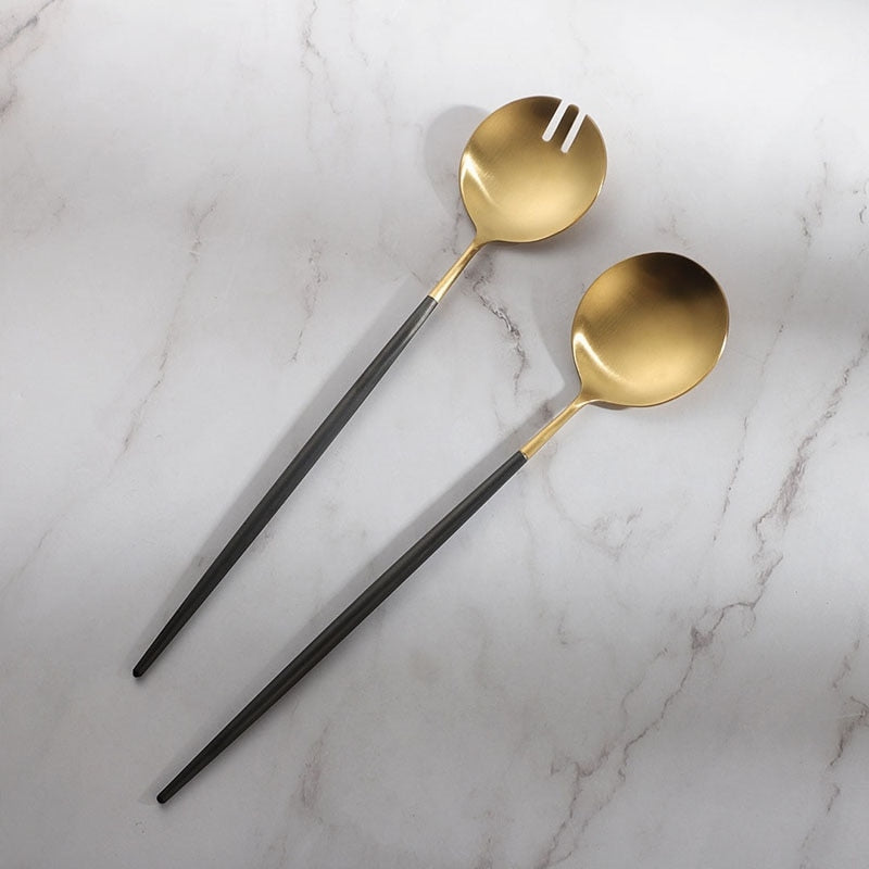 Brehn | Black and Golden Salad Servers and Serving Utensils Set