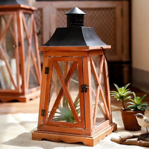 Hanging Rustic Metal and Glass Lantern Candle Holder with LED Flameless Pillar Effect Acalora