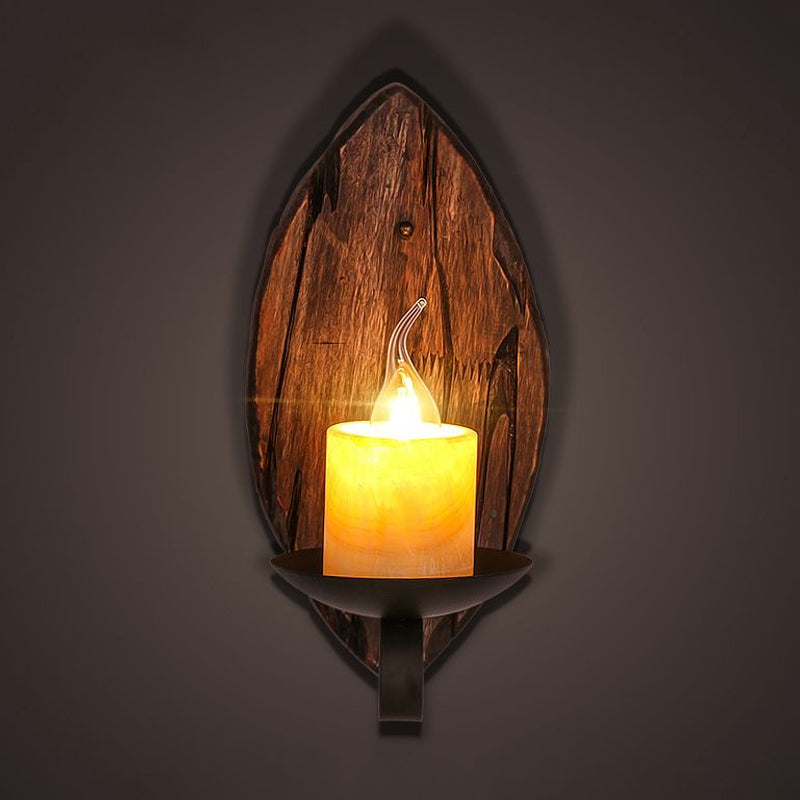 BowLift | Cylinder Coffee Shop Wall Light Fixture Artificial Marble 1 Light Brown Wall Lamp with Wood Semi-Cap/Base/Rectangle Base