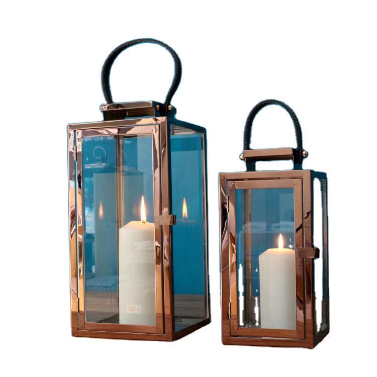 Rectangular Glass Candle Lanterns with Polished Metal Frame and Faux Leather Handle Set Acalora