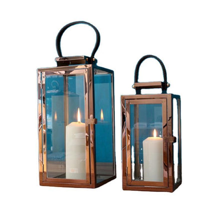 Rectangular Glass Candle Lanterns with Polished Metal Frame and Faux Leather Handle Set Acalora