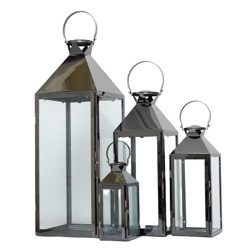 Stainless Steel Glass Hurricane Lantern Set with Hinged Door and Top Carry Ring Acalora