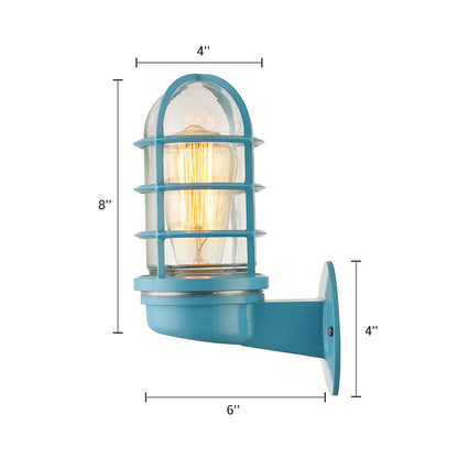 BowLift | Cylinder Clear Glass Wall Mounted Lamp Industrial Single Bulb Living Room Wall Light in Pink/Blue/Green with Cage