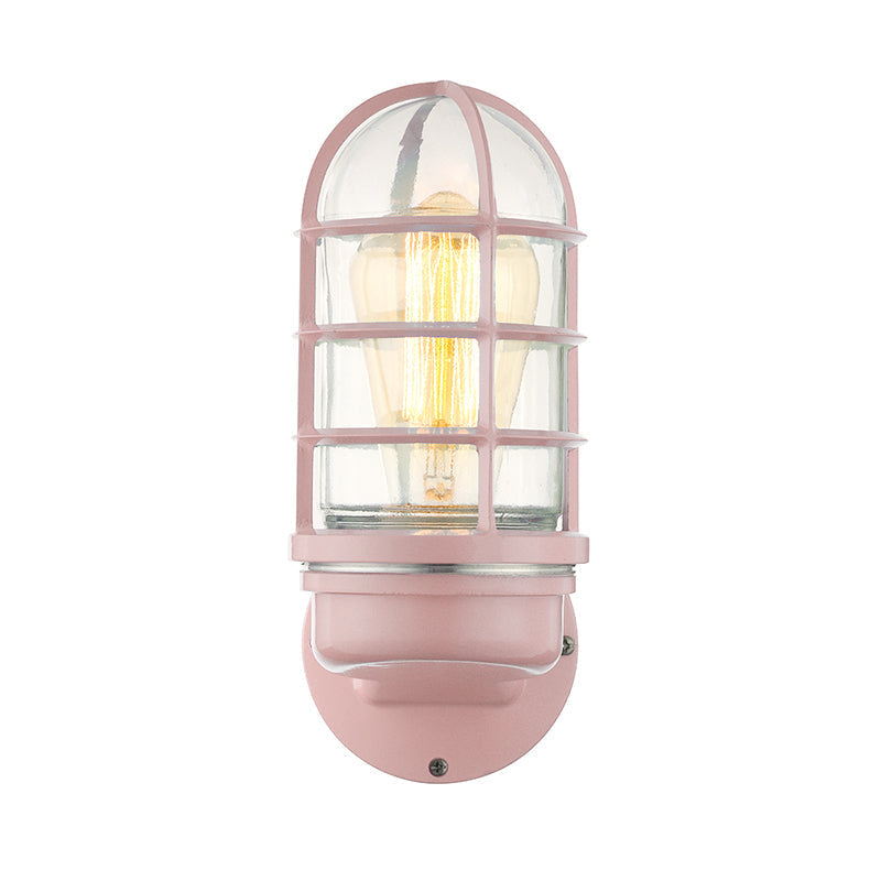 BowLift | Cylinder Clear Glass Wall Mounted Lamp Industrial Single Bulb Living Room Wall Light in Pink/Blue/Green with Cage