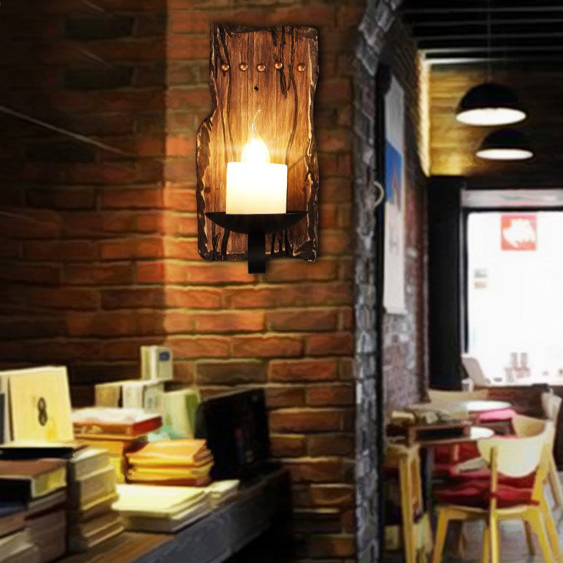 BowLift | Cylinder Coffee Shop Wall Light Fixture Artificial Marble 1 Light Brown Wall Lamp with Wood Semi-Cap/Base/Rectangle Base