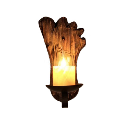 BowLift | Cylinder Coffee Shop Wall Light Fixture Artificial Marble 1 Light Brown Wall Lamp with Wood Semi-Cap/Base/Rectangle Base