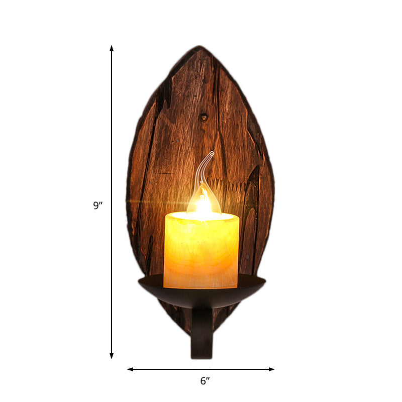 BowLift | Cylinder Coffee Shop Wall Light Fixture Artificial Marble 1 Light Brown Wall Lamp with Wood Semi-Cap/Base/Rectangle Base