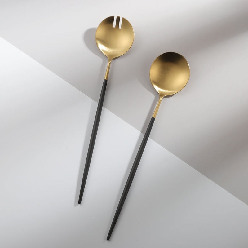 Brehn | Black and Golden Salad Servers and Serving Utensils Set