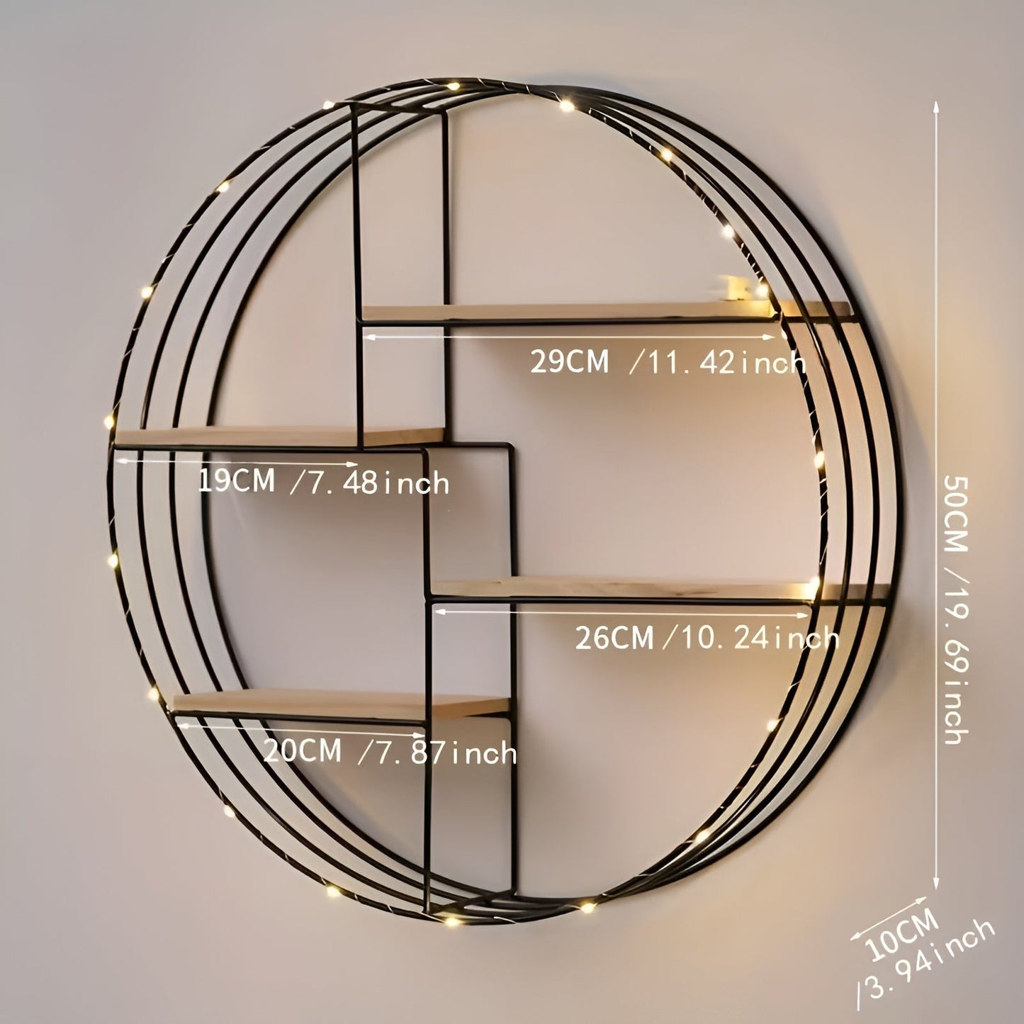 Round Wall Shelf with 4 Tiers – Retro Design made of Wood & Metal | Decorative Hanging Shelf for Living Room, Bathroom & Bedroom | Karnz