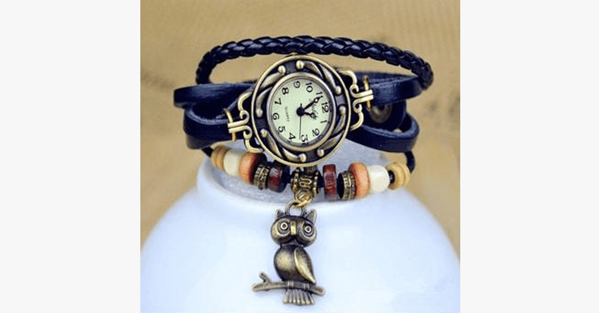 Vintage wristwatch with owl and Boho-chic bracelet – Woven cuff-style wristwatch for a trendy look!