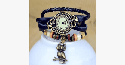 Vintage wristwatch with owl and Boho-chic bracelet – Woven cuff-style wristwatch for a trendy look!