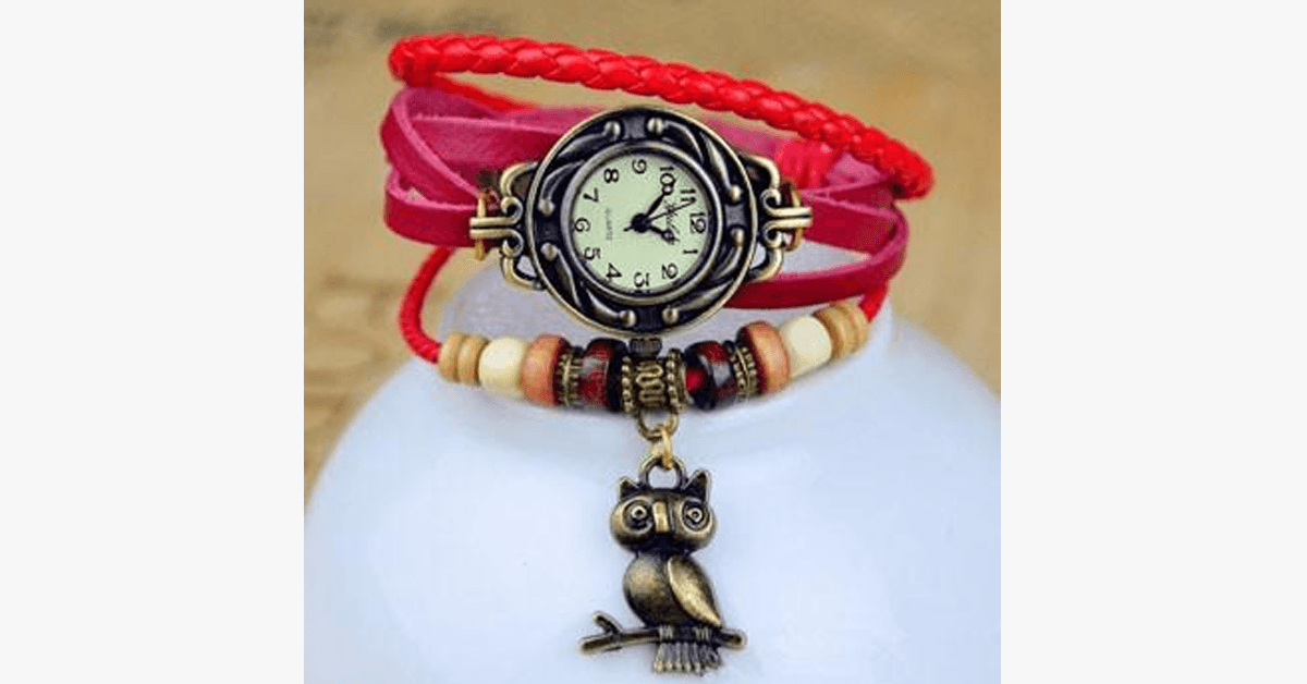 BowLift | Owl Vintage Wrap Watch with Boho-Chic Style Bracelet - Woven cuff-style bracelet watch for a funky look!