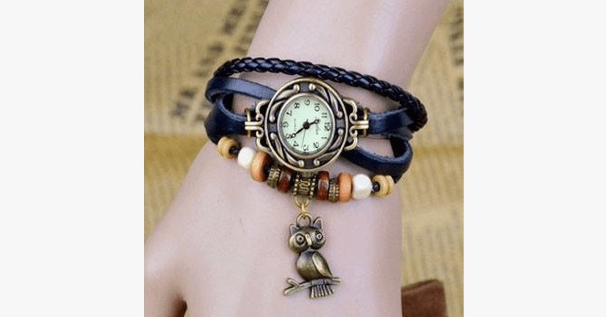 Vintage wristwatch with owl and Boho-chic bracelet – Woven cuff-style wristwatch for a trendy look!