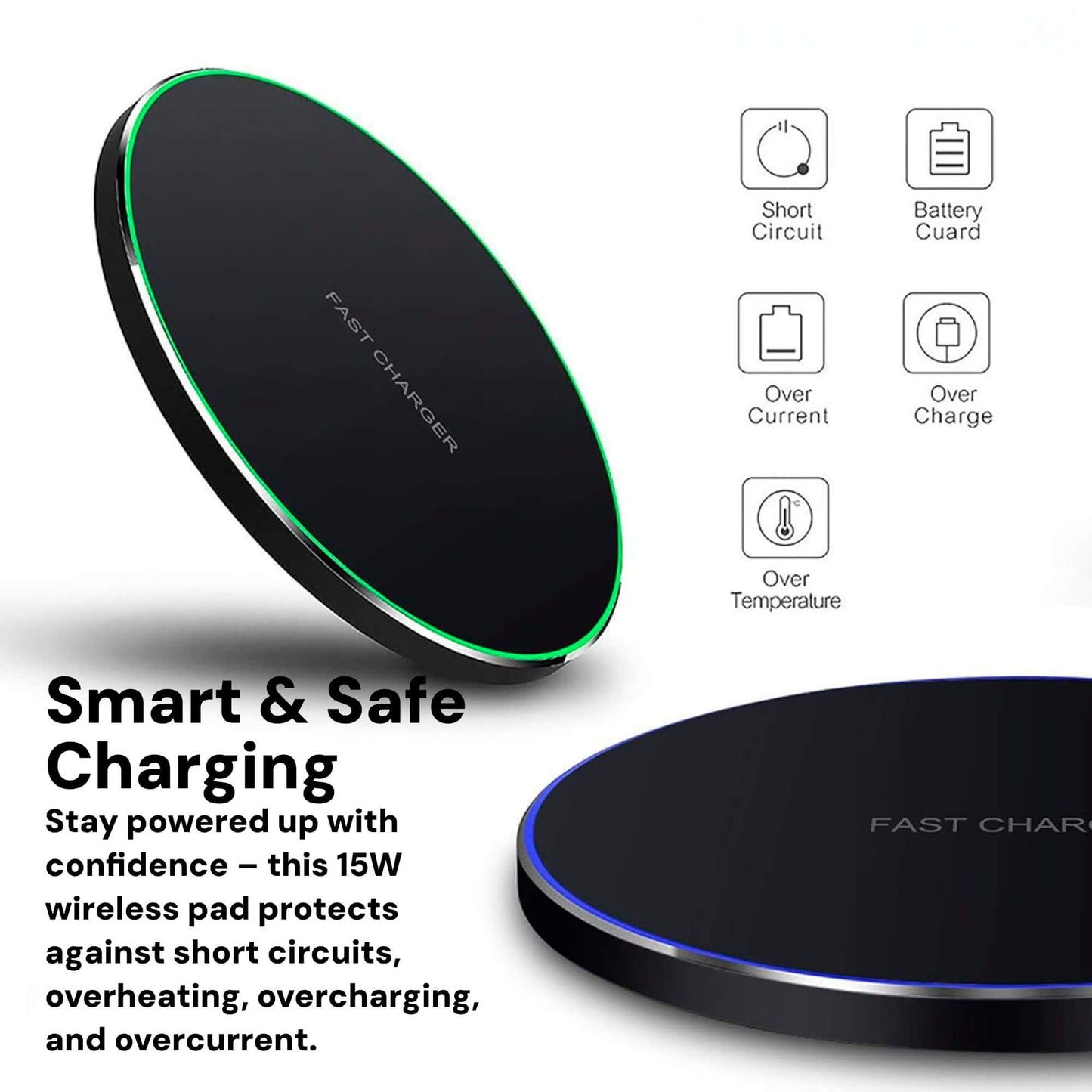 Kalsten | 15W Wireless Charging Pad for iPhone & Android – Fast Wireless Charger Base with Sleek Design for Home & Office | Apple & Samsung Compatible