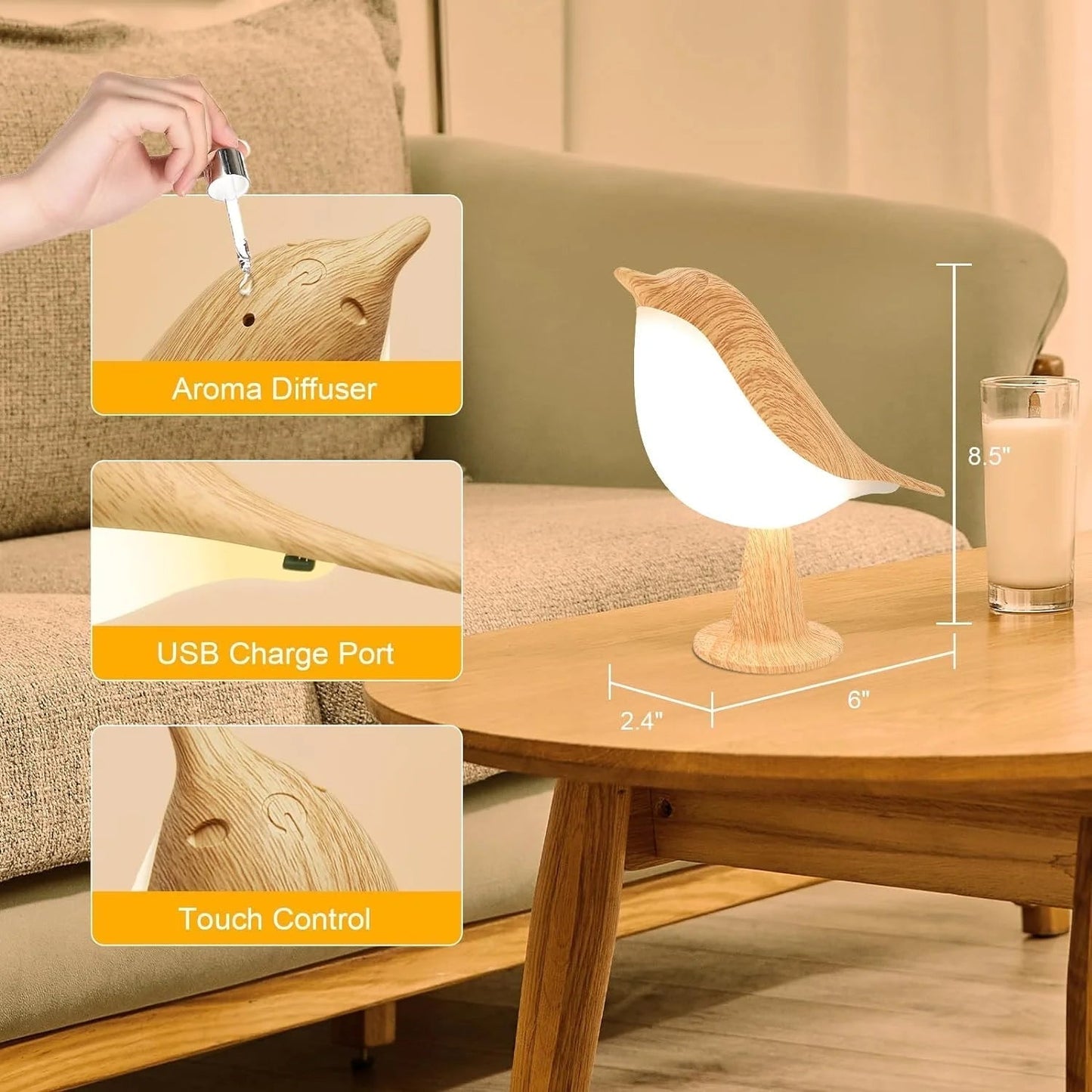 Skanto | Touch-Controlled Wooden Bird Night Light - Rechargeable LED Bedside Lamp