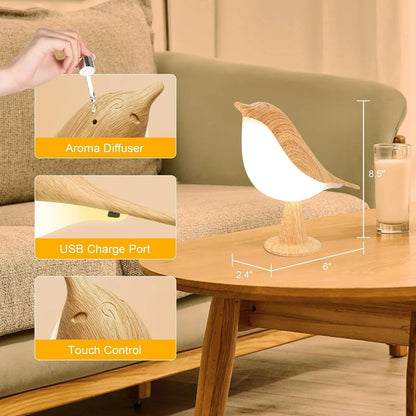 Skanto | Touch-Controlled Wooden Bird Night Light - Rechargeable LED Bedside Lamp