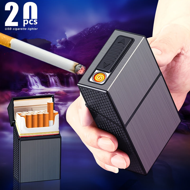 Skanto | 2-i-1 USB oppladbar lighter og sigarettetui - Stilig herre 20-sigarett holder, fuktighetsbestandig og slitesterk