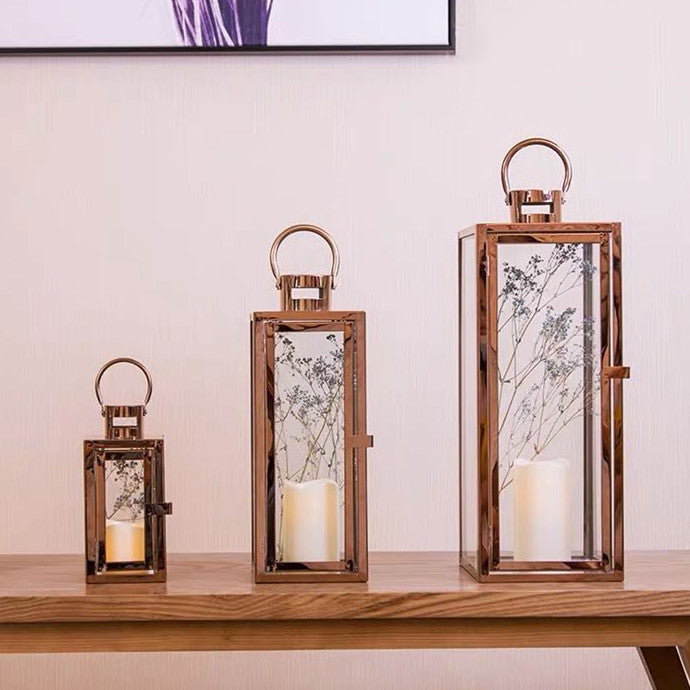 Stainless-Steel Glass Panel Rectangular Lanterns with Ring Handles and Hinged Door Acalora