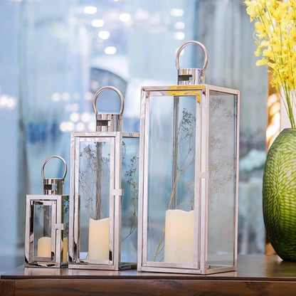Stainless-Steel Glass Panel Rectangular Lanterns with Ring Handles and Hinged Door Acalora