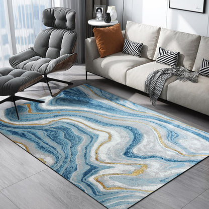 Scandinavian Modern Rug in Blue Abstract Water Wave Pattern Rug Polyester Washable Non-Slip Rug for Home Decor | Bowlift