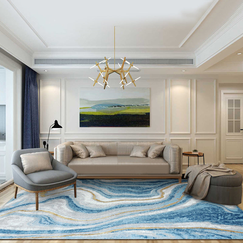 Scandinavian Modern Rug in Blue Abstract Water Wave Pattern Rug Polyester Washable Non-Slip Rug for Home Decor | Bowlift