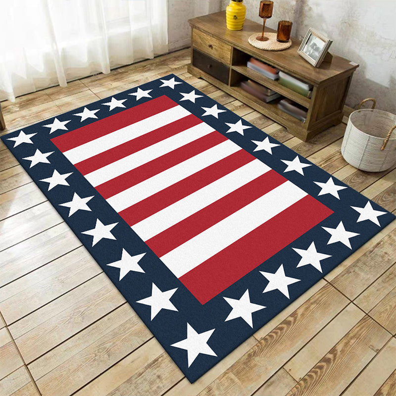 Modern striped rug with star Navy and Red polyester rug machine washable non-slip rug for the bedroom | Bowlift