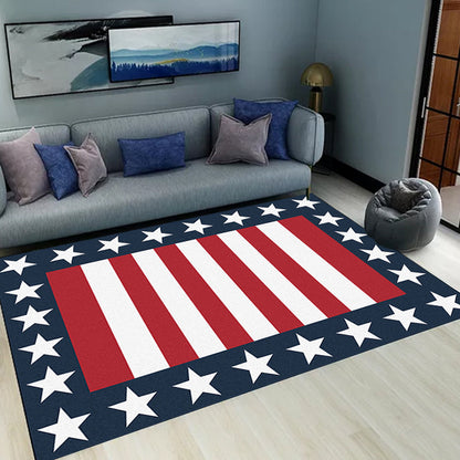 Modern striped rug with star Navy and Red polyester rug machine washable non-slip rug for the bedroom | Bowlift