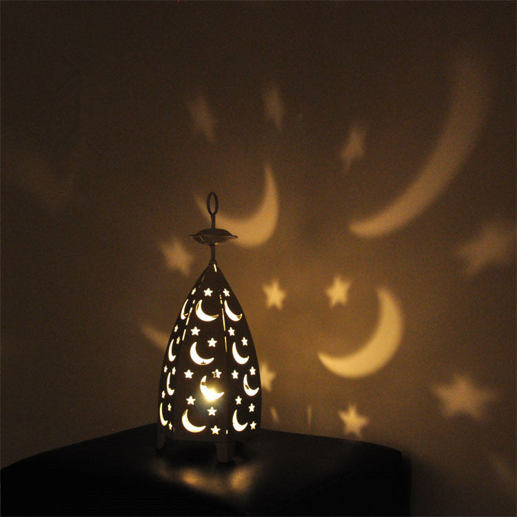 Decorative Moon & Star Metal Table Lantern with Cutout Panels Acalora