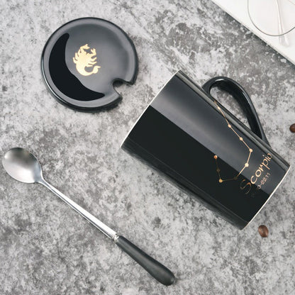 BowLift | 12 Zodiac Signs Black Ceramic Mug with Lid Spoon